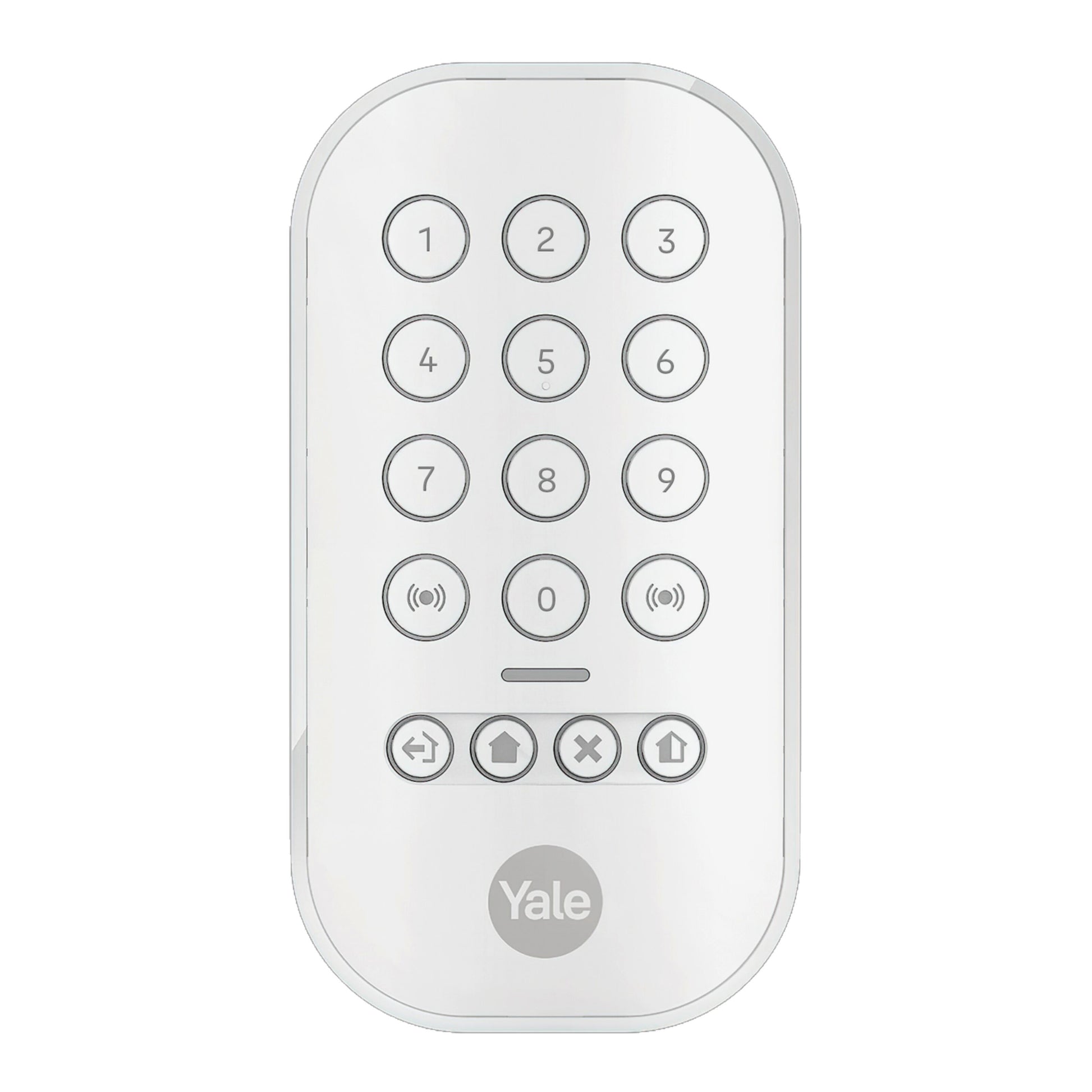 Yale alarmknapsæt, kompakt afrundet rektangel med taster 0-9, fire runde knapper og fire ikonknapper til lås og oplåsning.