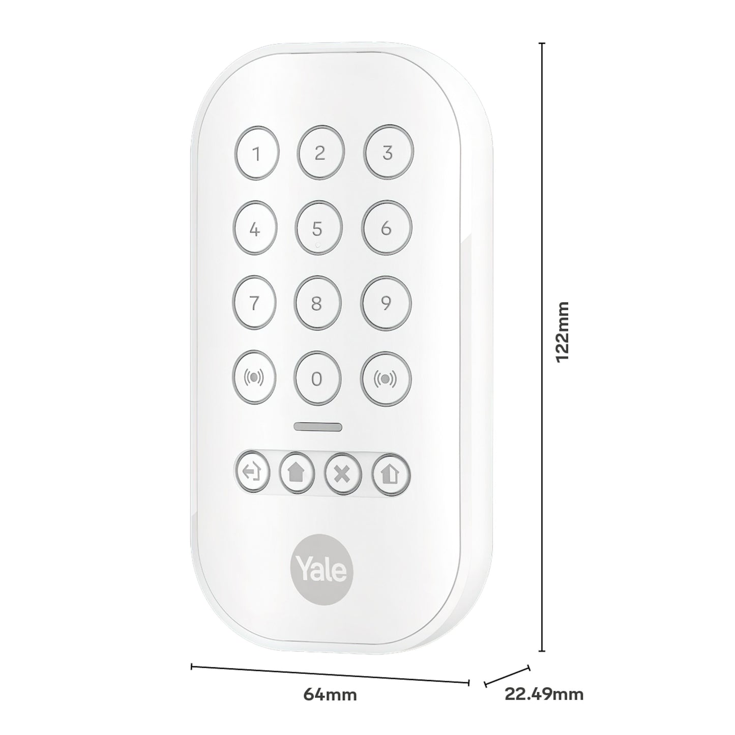 Yale Alarmknap sæt hvid panel med nummer- og funktionsknapper, måler 122x64x22,49 mm.