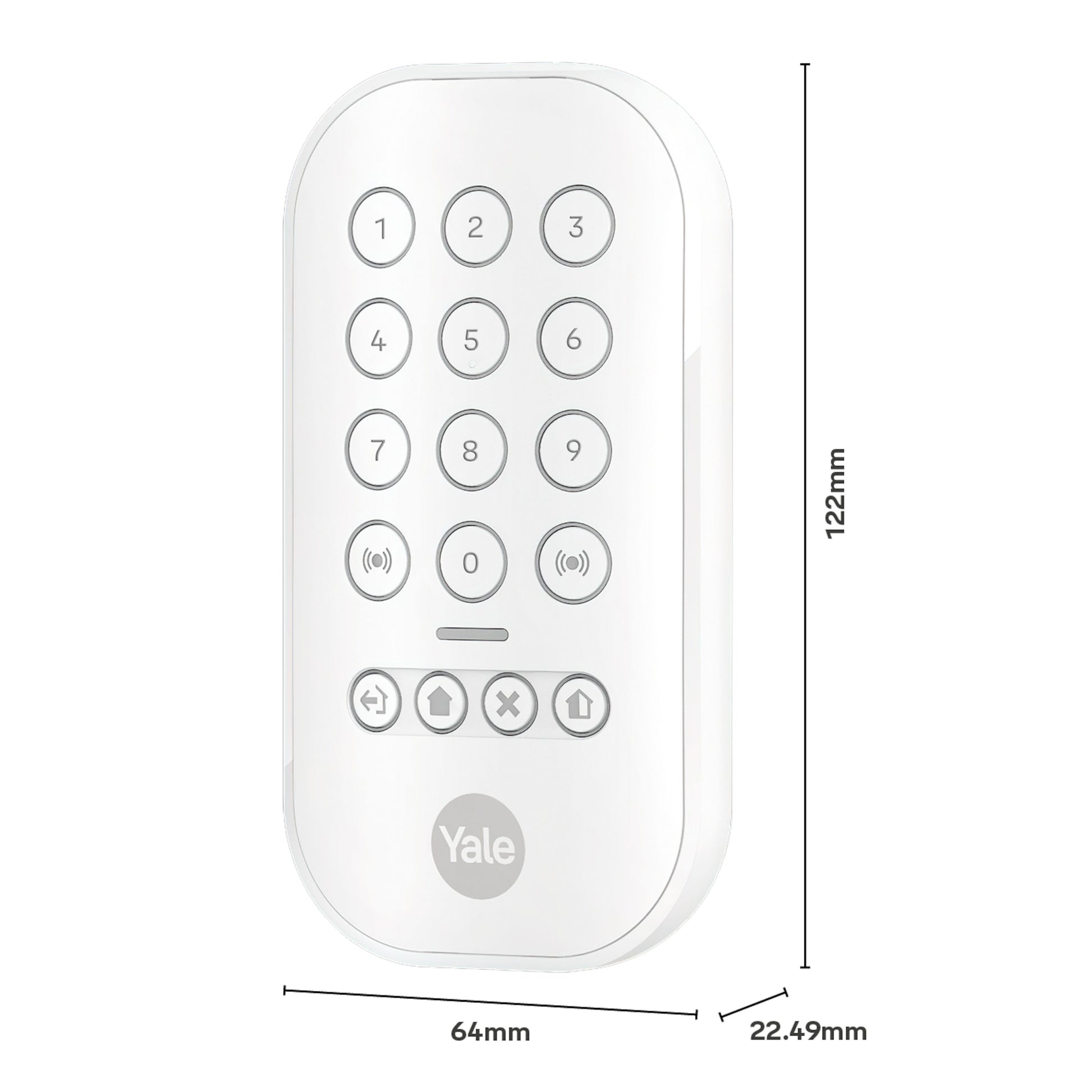Yale Alarmknap sæt hvid panel med nummer- og funktionsknapper, måler 122x64x22,49 mm.