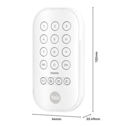 Yale Alarmknap sæt hvid panel med nummer- og funktionsknapper, måler 122x64x22,49 mm.