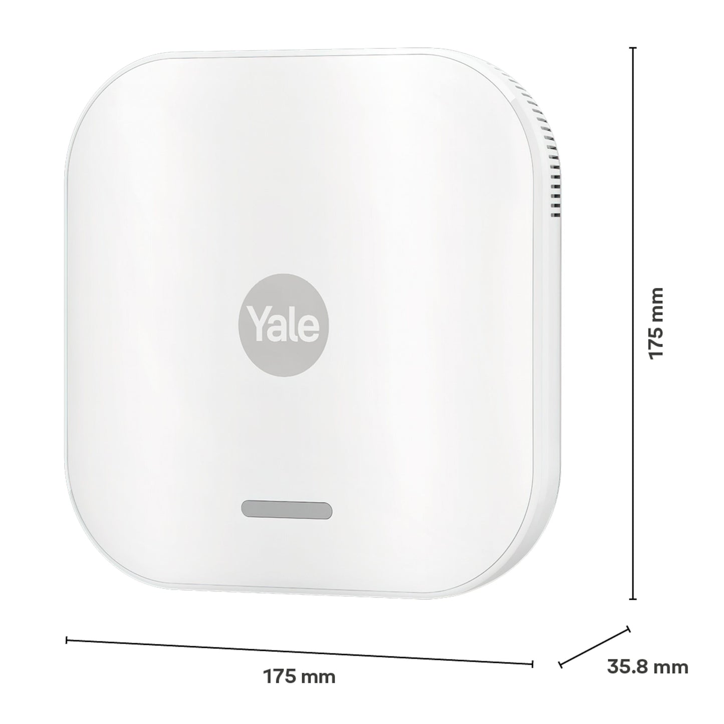 Yale Startalarmkit+ smart home hub, afrundet firkant, 175x175x35,8mm, Yale-logo, status LED, sideventilation.
