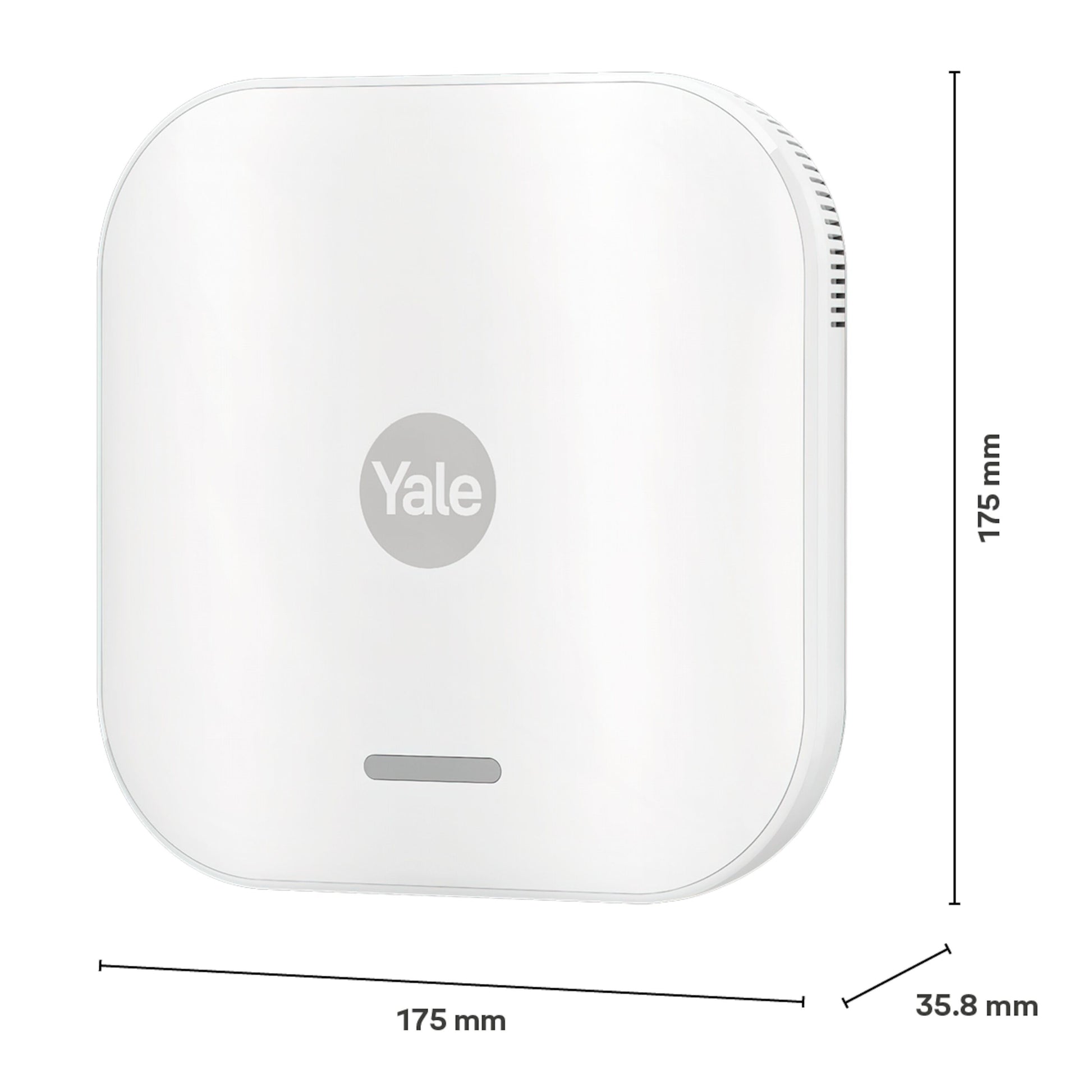 Yale Startalarmkit+ smart home hub, afrundet firkant, 175x175x35,8mm, Yale-logo, status LED, sideventilation.