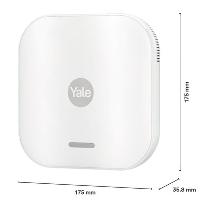 Yale Startalarmkit+ smart home hub, afrundet firkant, 175x175x35,8mm, Yale-logo, status LED, sideventilation.
