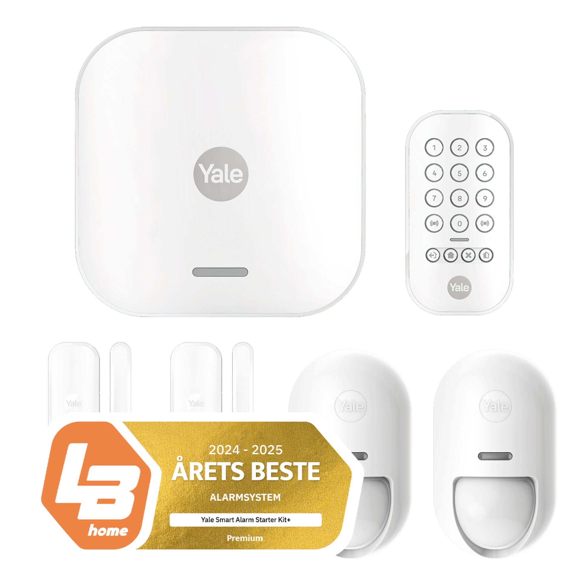 Yale Startalarmkit+ smart home alarm med kontrolhub, tastatur, to sensorer, to bevægelsesdetektorer, badge "Årets Bedste Alarmsystem 2024-2025 Premium.