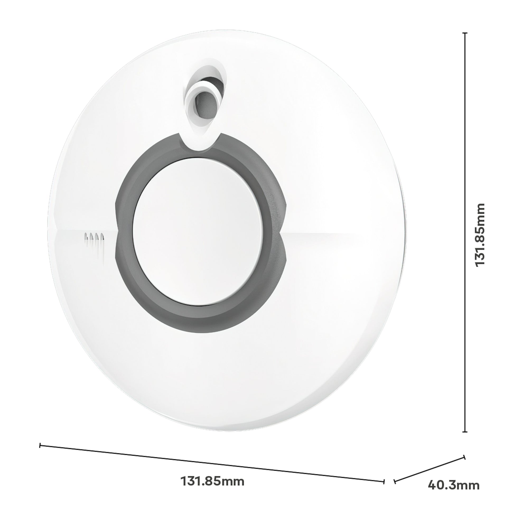 Yale Røgalarm, rund med central knap, grå ring, lille ventilationshul, Ø131,85 mm, dybde 40,3 mm, top sensoråbning.