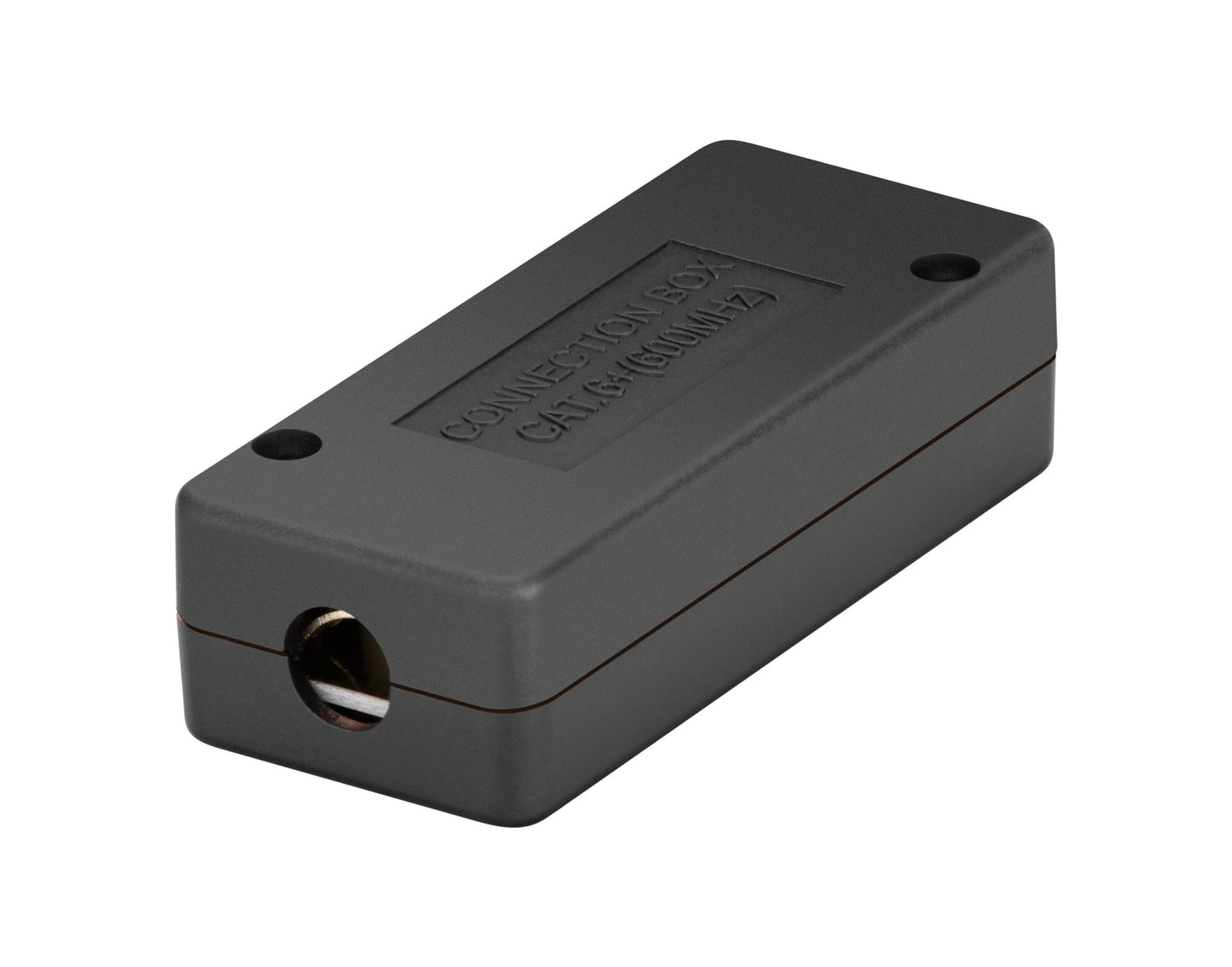 Sorter rektangulær tilslutningsboks i plast med "CONNECTION BOX CAT. NO. CMU12" på toppen til Cat. 6 UTP-netværkskabel.