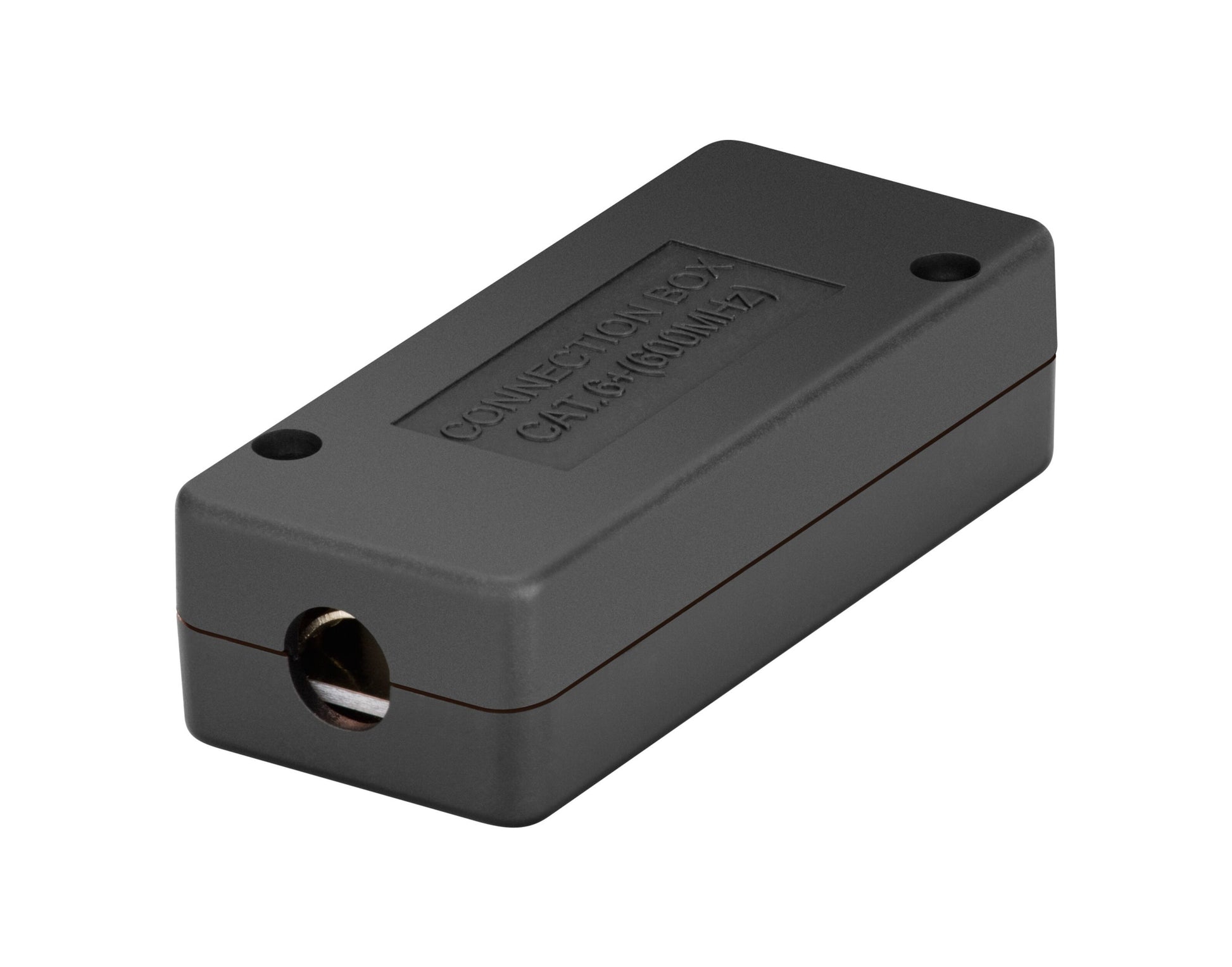 Sorter rektangulær tilslutningsboks i plast med "CONNECTION BOX CAT. NO. CMU12" på toppen til Cat. 6 UTP-netværkskabel.