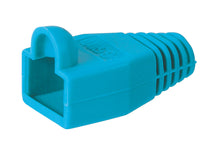 RJ45 kappe blå med bøjningsbeskyttelse, ribbet ende og åbent rektangulært slot til netværkskabler.