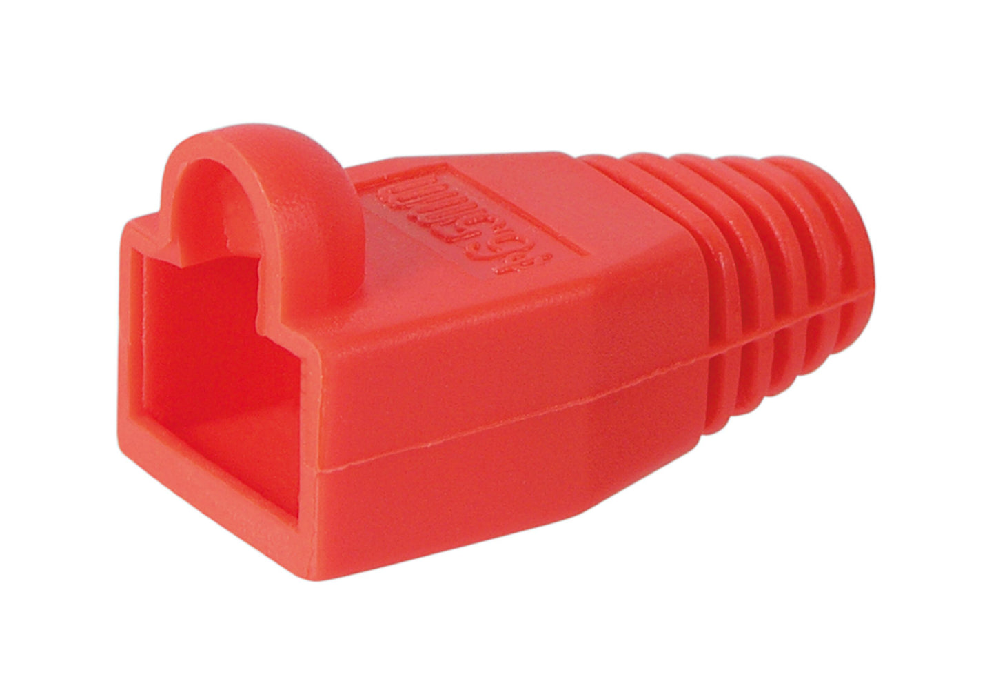 Luxorparts RJ45 kappe rød, plast kabelbeskyttelse til Ethernet med ribbet fleksibel ende og klipåbning.