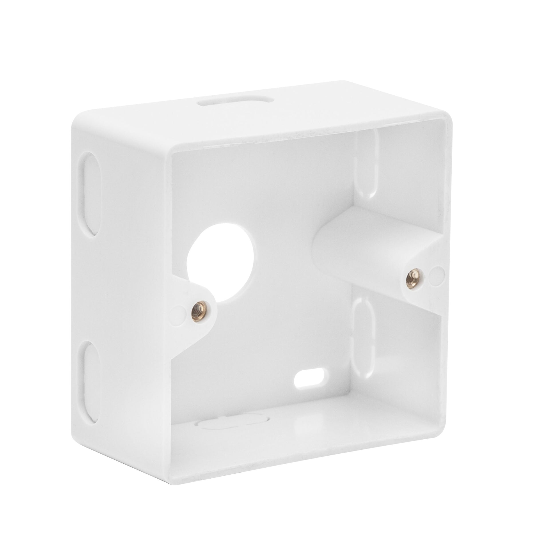 Luxorparts overflademonteret FTP netværksstik Cat. 6 hvid kvadratisk dåse med to RJ45-porte og skruehuller.