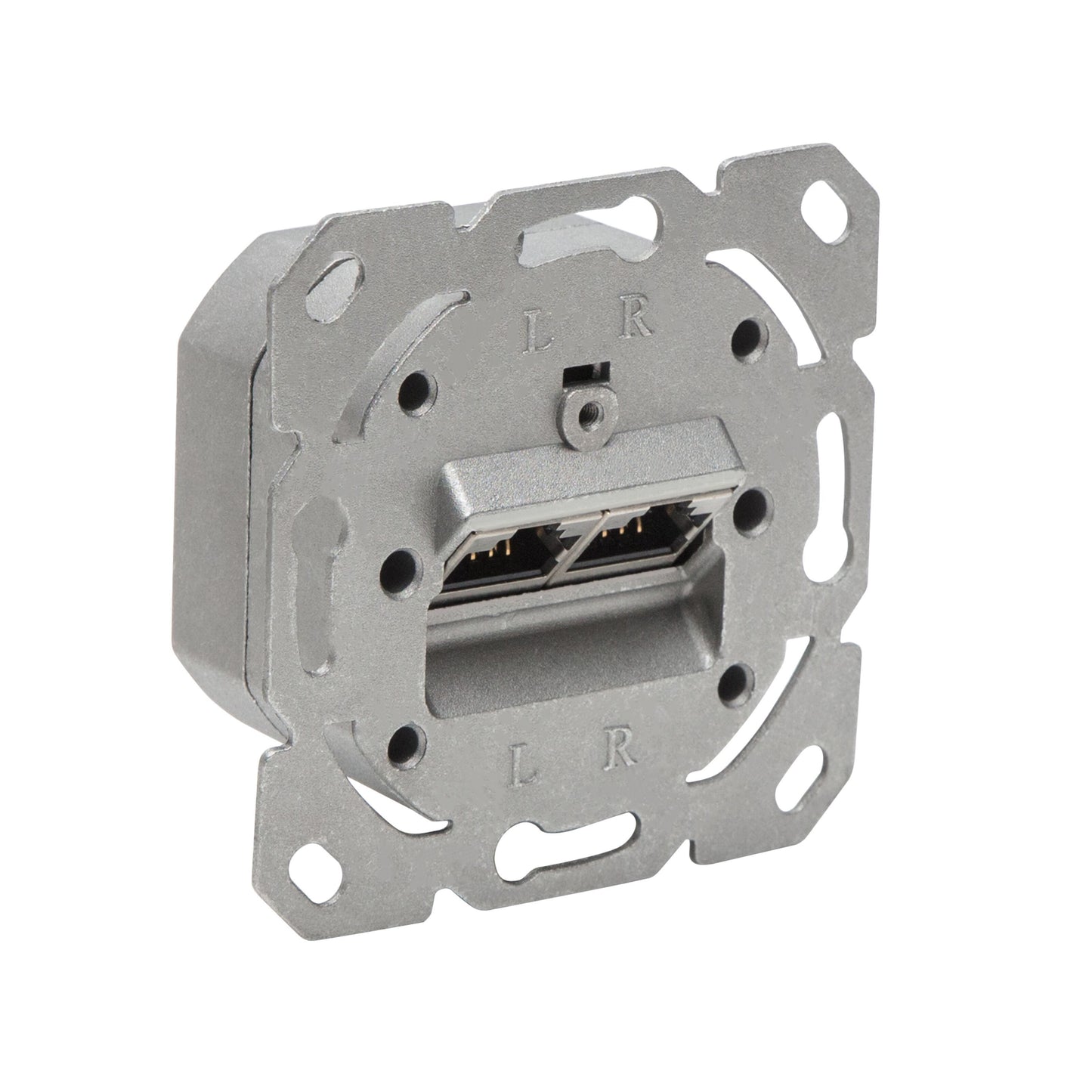 Luxorparts overflademonteret FTP netværksstik Cat. 6 med til RJ45-porte L og R, rektangulær monteringsplade, skruehuller.