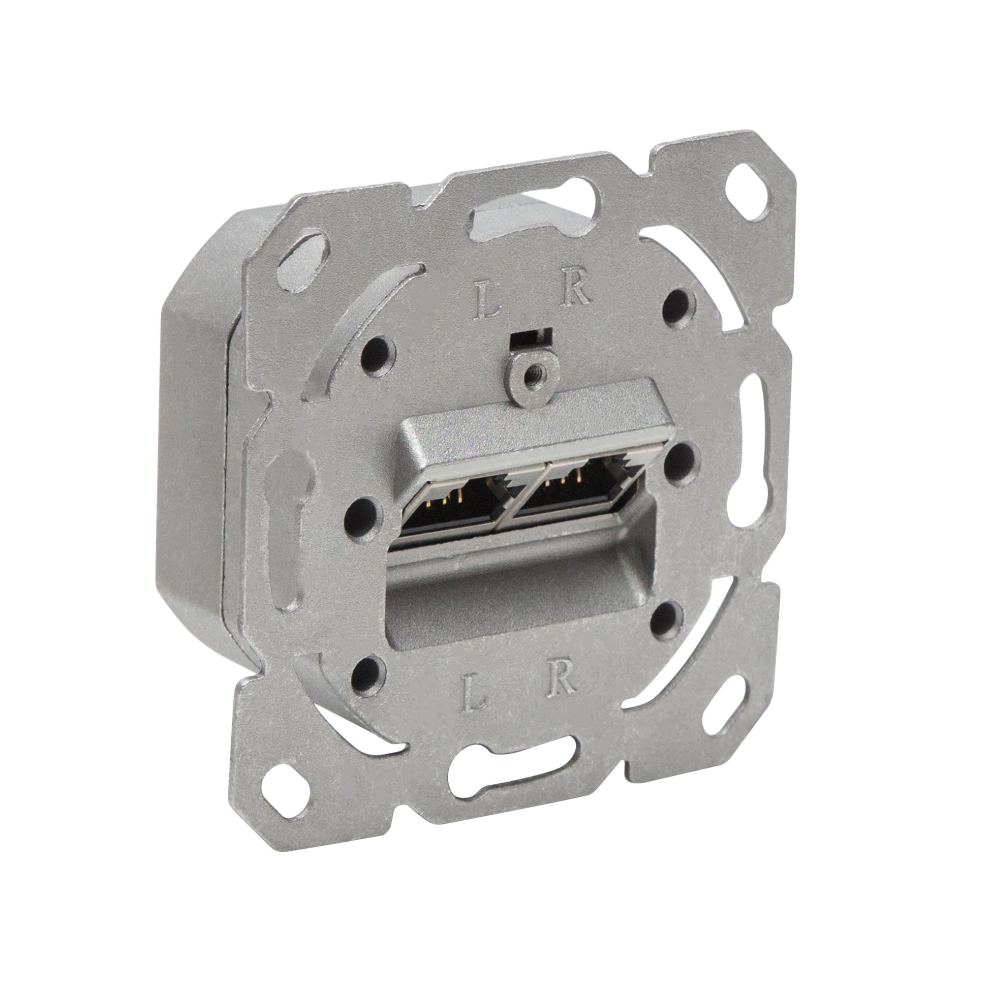 Luxorparts overflademonteret FTP netværksstik Cat. 6 med til RJ45-porte L og R, rektangulær monteringsplade, skruehuller.
