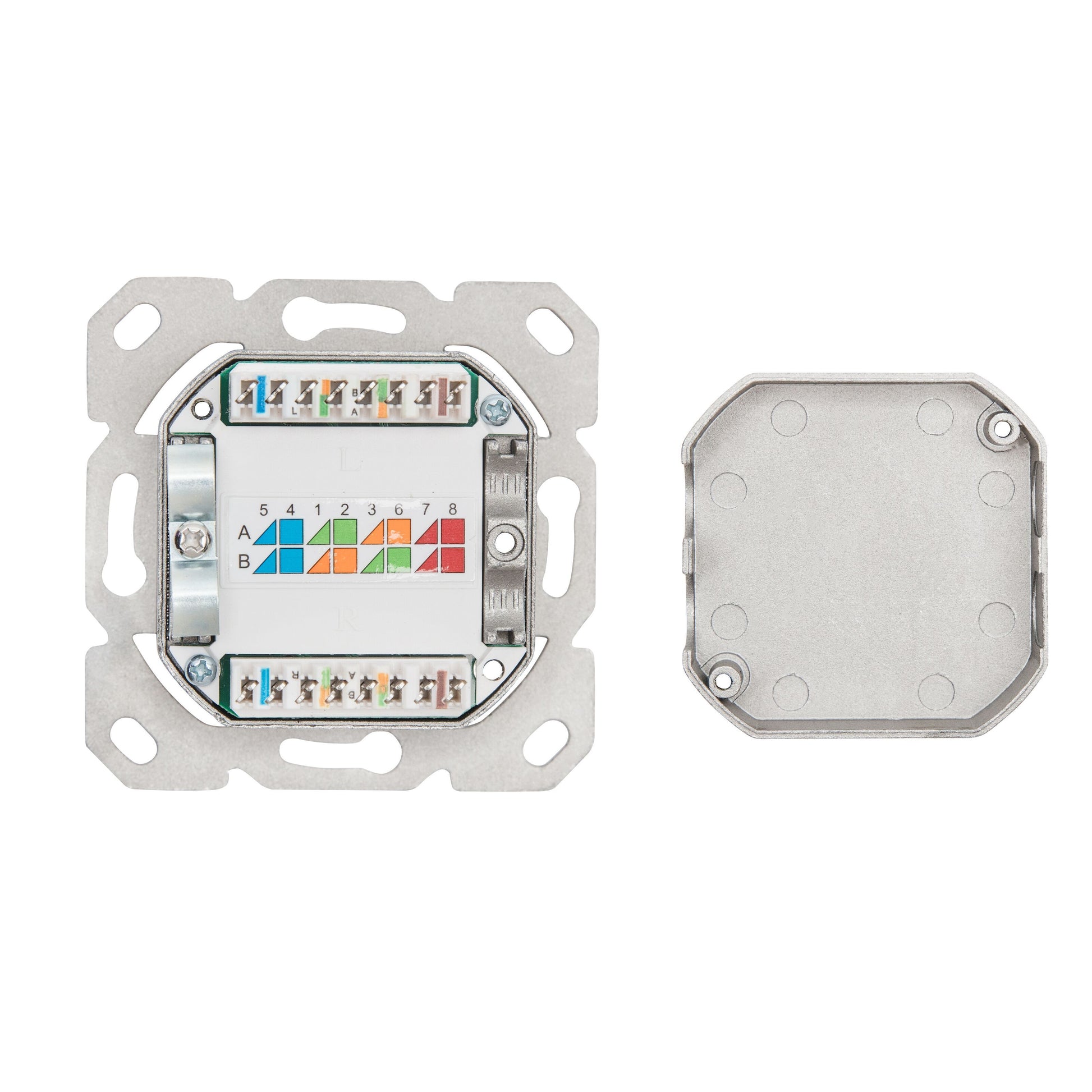 Luxorparts overflademonteret FTP netværksstik Cat. 6, 2 porte, metal, synlige farvekodede terminaler, aftageligt dæksel.