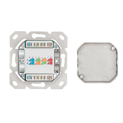 Luxorparts overflademonteret FTP netværksstik Cat. 6, 2 porte, metal, synlige farvekodede terminaler, aftageligt dæksel.