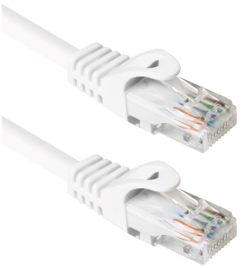 2 stk. hvide Cat 6 UTP-kabler 2,0 m med gennemsigtige RJ45-stik og synlige farvede ledninger, placeret parallelt.