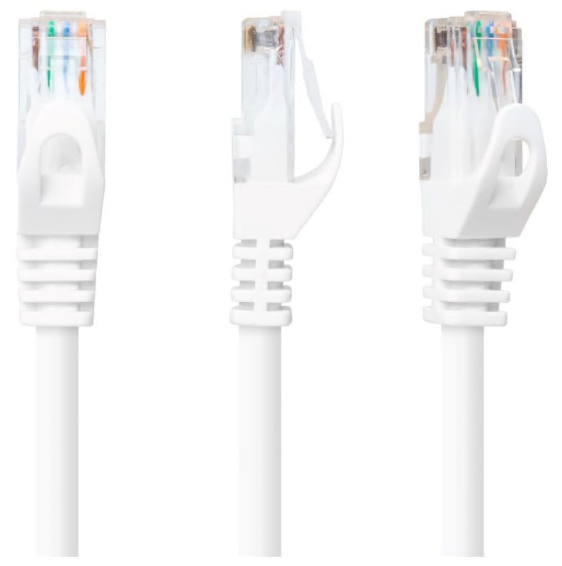 Luxorparts UTP-kabel Cat 6 hvid 2,0 m vist fra venstre, top og højre med synlige farvede ledninger i klar stikprop.