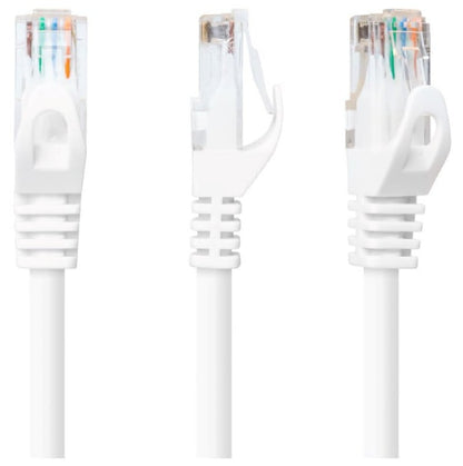 Luxorparts UTP-kabel Cat 6 hvid 2,0 m vist fra venstre, top og højre med synlige farvede ledninger i klar stikprop.