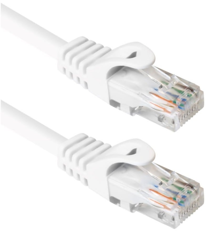 Cat 6 UTP-netværkskabel 15,0 m hvid med klare RJ45-stik og synlige farvede indvendige ledere, to stk parallelt.