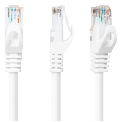 Luxorparts UTP-kabel Cat 6 hvid 15,0 m med gennemsigtige RJ45-stik, synlige farvede ledere og låseklips.