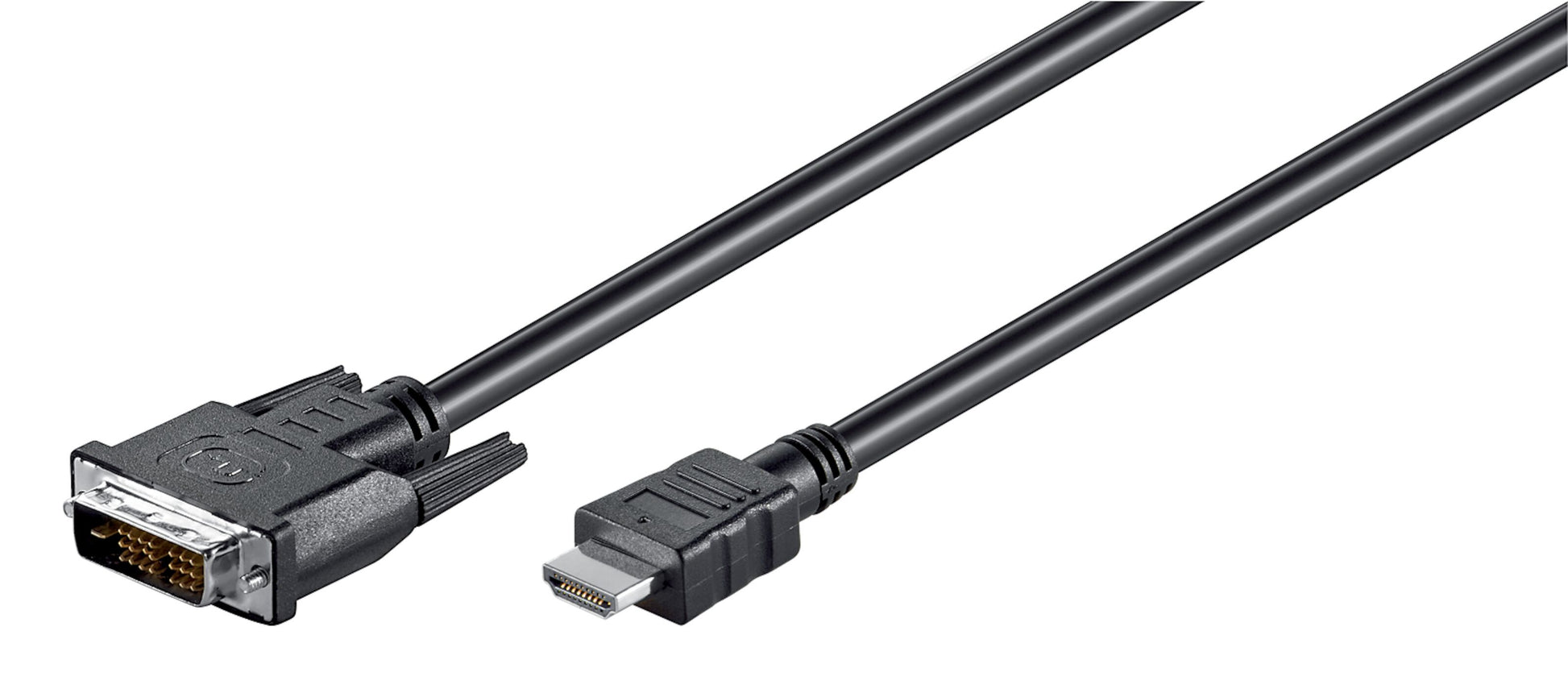 Adapterkabel DVI-D til HDMI, 2 meter, stik i hver ende fastgjort til kablet.