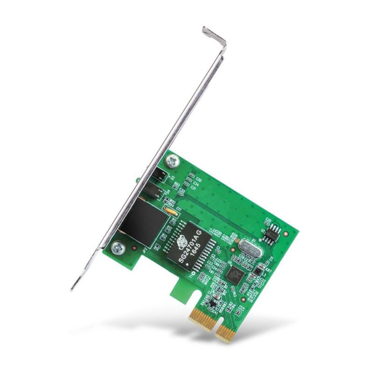 TP-Link Gigabit netværkskort PCI Express, grøn printplade, sort Ethernet-port, synlige elektroniske komponenter.