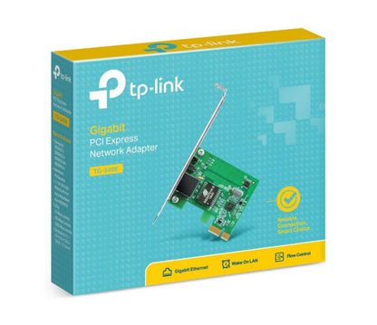 TP-Link Gigabit netværkskort PCI Express i æske med logo, støtte til gigabit Ethernet, Wake On LAN og Flow Control.
