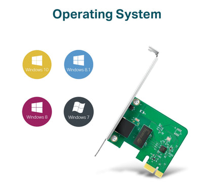 TP-Link Gigabit PCI Express netværkskort i grøn med logo og ikoner til Windows 10, 8.1, 8 og 7.