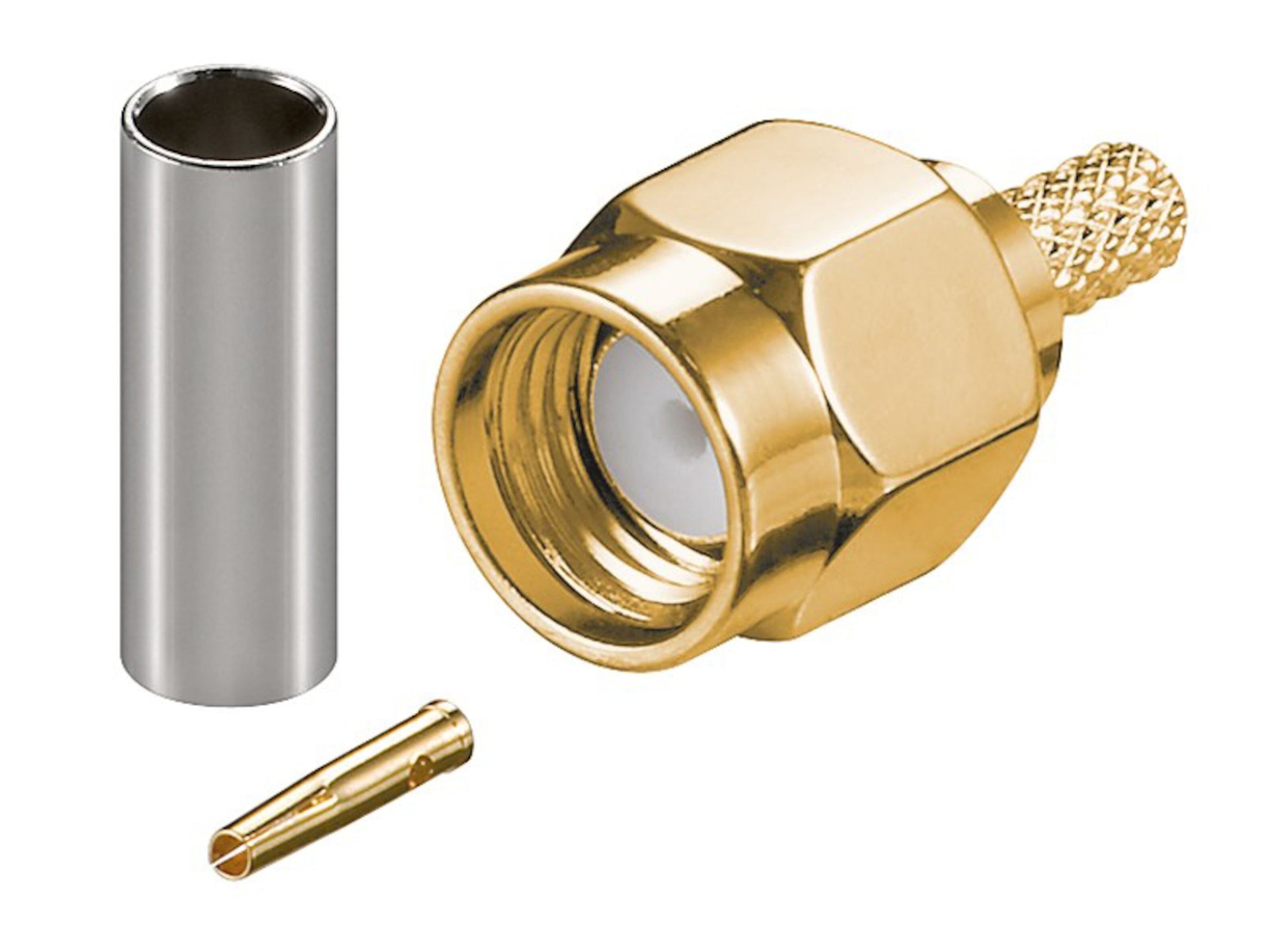 RP-SMA han til RG174, guldbelagt koaksial stik med sekskantet møtrik, metalcylinder og lille pin.