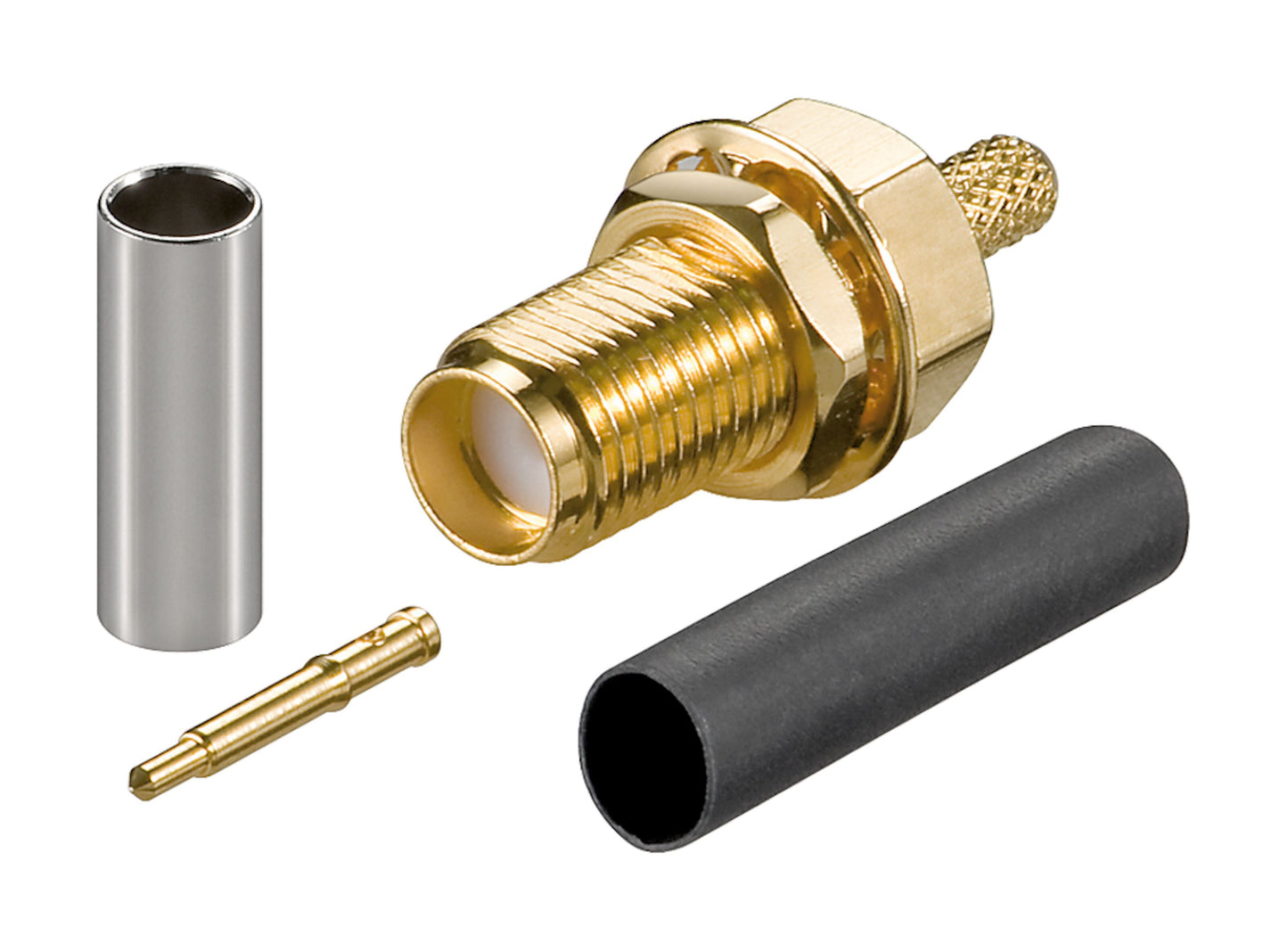 RP-SMA hun til RG174 kit med guldbelagt stik, metalhylster, guldtap og sort krympeflex.