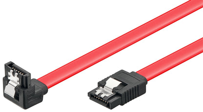 SATA 6 Gb/s kabel 0,5 m med lås, én vinkel og ét ret stik med metalclips, passer til SSD eller harddisk.