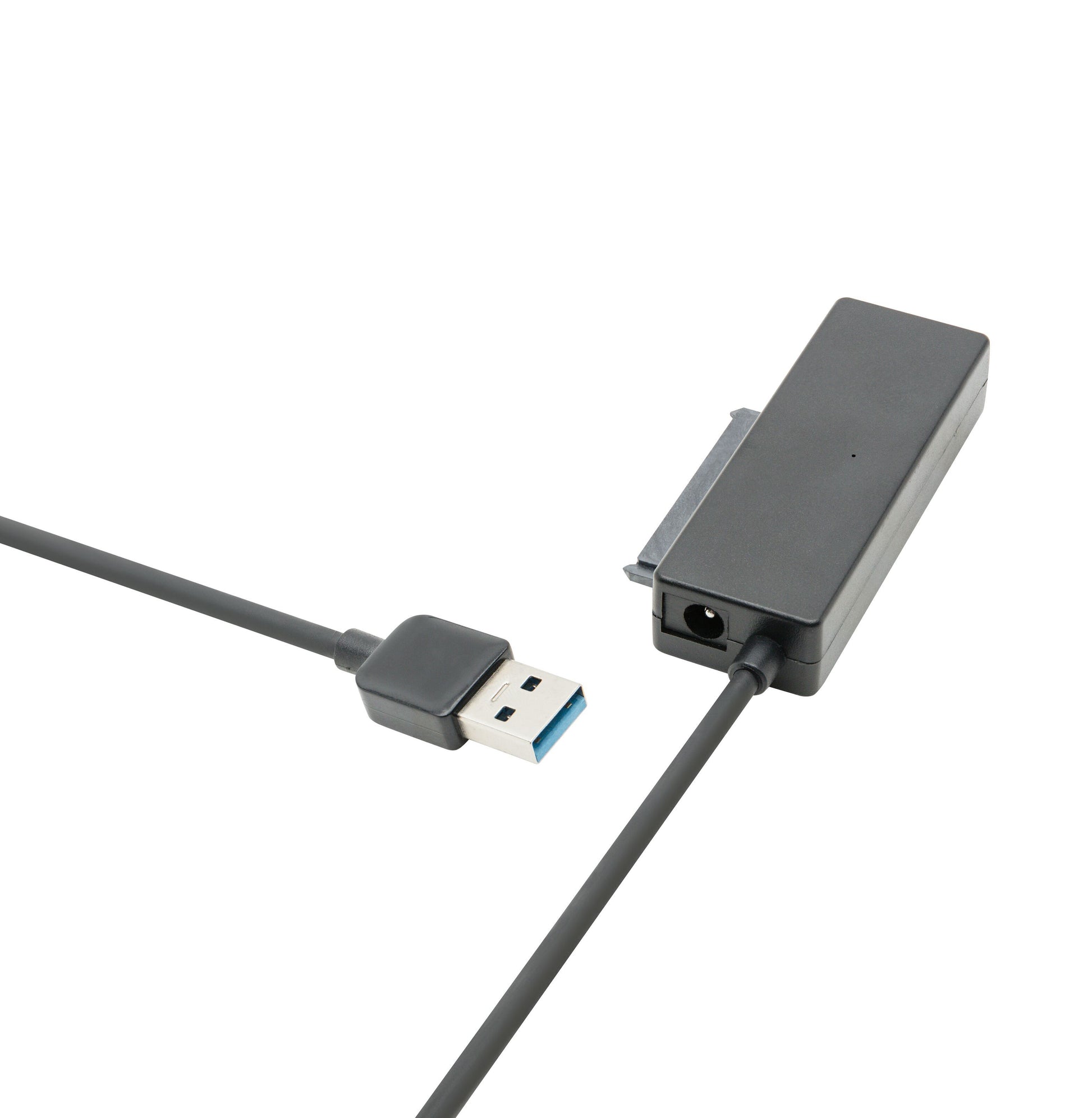 USB-A til SATA adapterkabel 5 Gb/s til 6 Gb/s, sort, rektangulær boks, forbind SATA-harddisk til computer via USB.