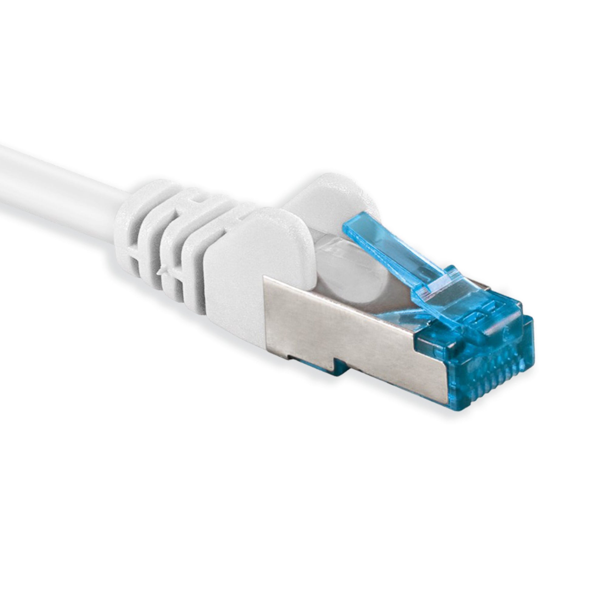 Halogenfri S/FTP Cat. 6a netværkskabel 2 m hvid med blå-tippet skærmet RJ45-stik.