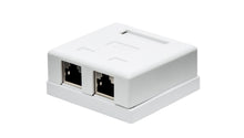 Overflademonteret UTP-netværksstik Cat. 6, 2 porte, til Cat 6 ethernetkabler, hvid plast, kompakt design.