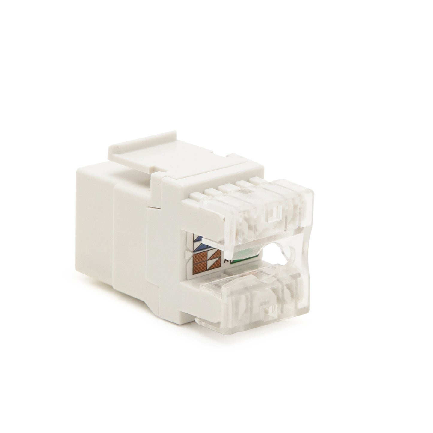 Keystone-jack Cat. 6 UTP Ethernet modul, hvid, farvekodede ledningsmærker, transparent stik, til patchpanel.