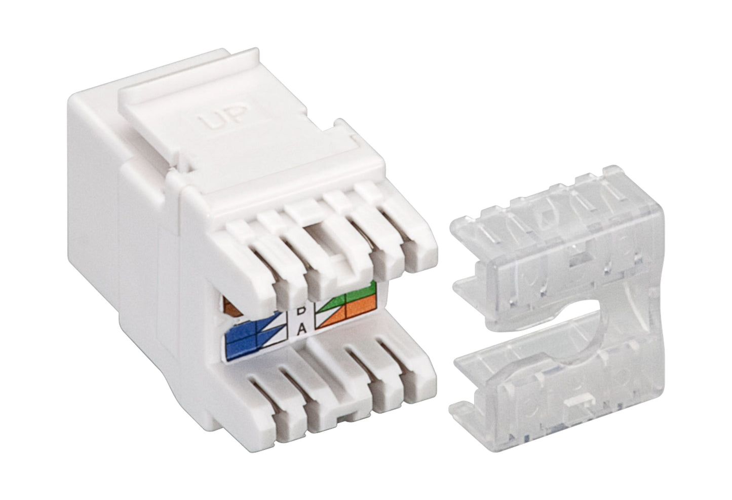 Luxorparts Keystone-jack Cat. 6 UTP med mærkede ledningspladser og gennemsigtigt plastdæksel til patchpanel-installationer.