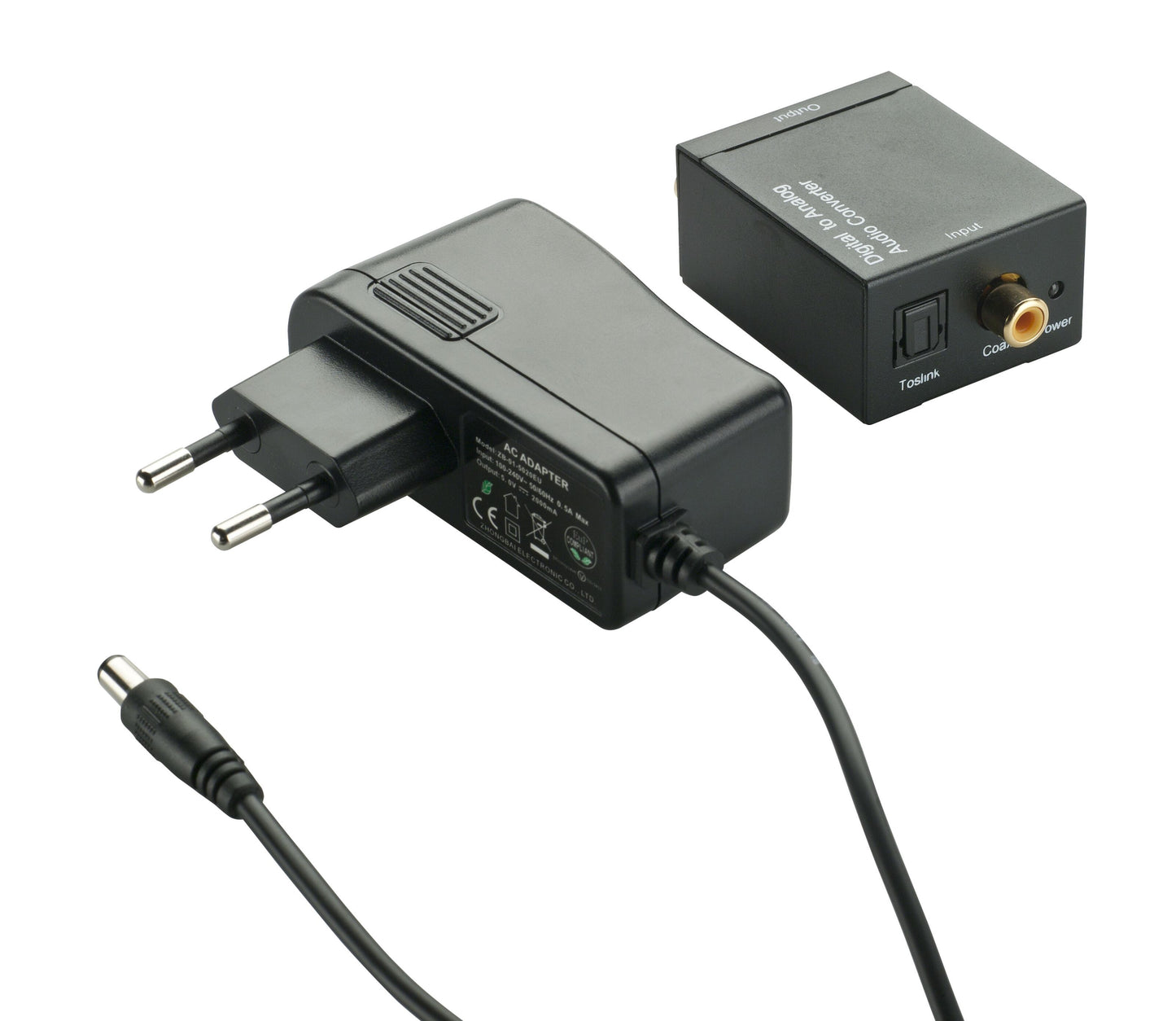Sort DAC digital til analog konverter med Toslink- og koaksialindgang, inkl. europæisk 2-bens strømadapter og koaksialkabel.
