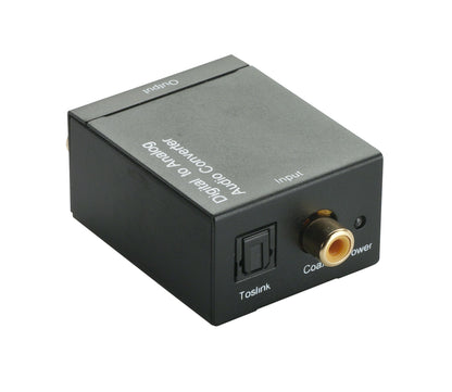 Digital til analog konverter sort med Toslink optisk indgang, koaksial indgang, RCA udgange og strømport.