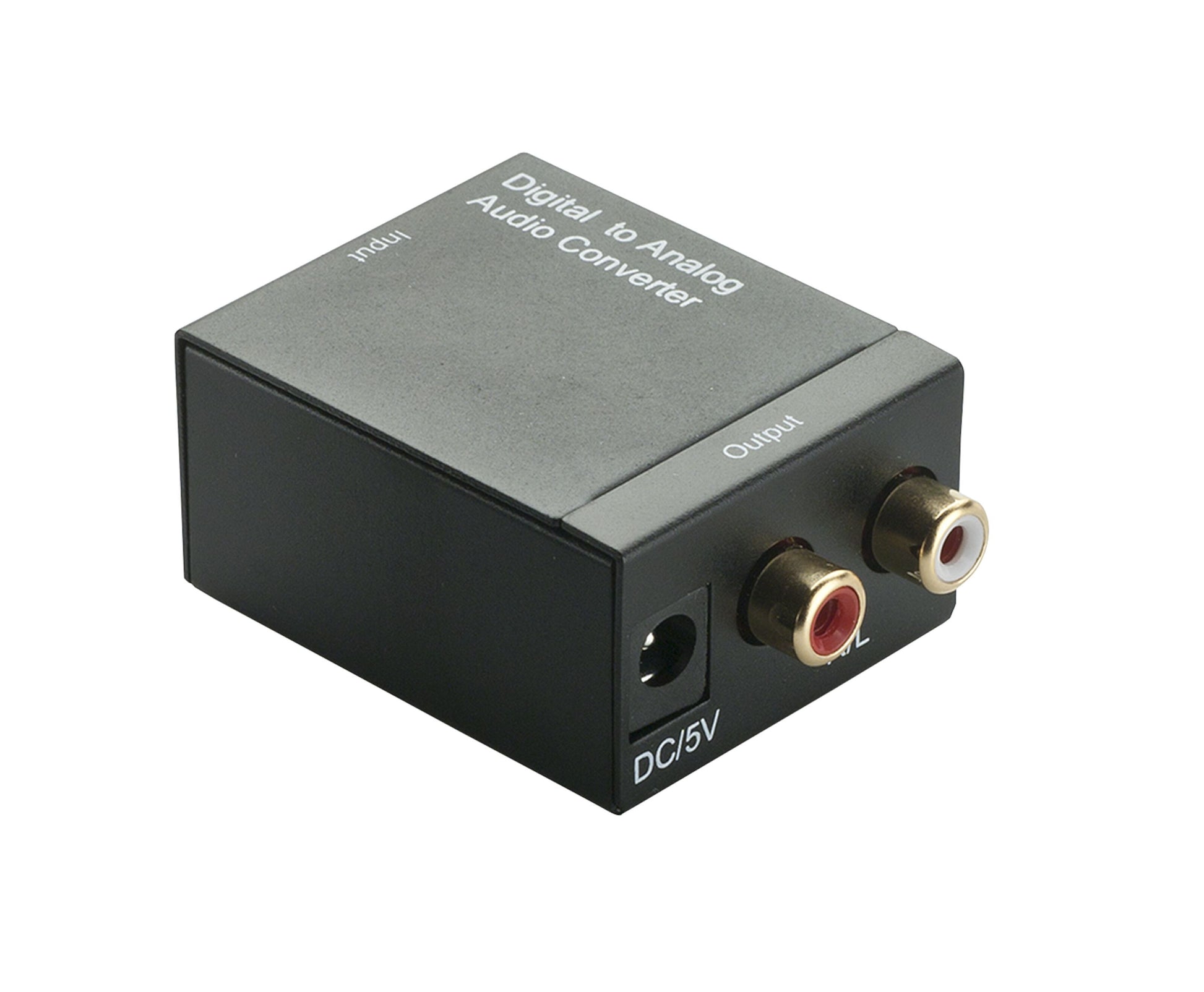 Digital til analog konverter sort med RCA-porte mærket Input, Output og DC/5V.