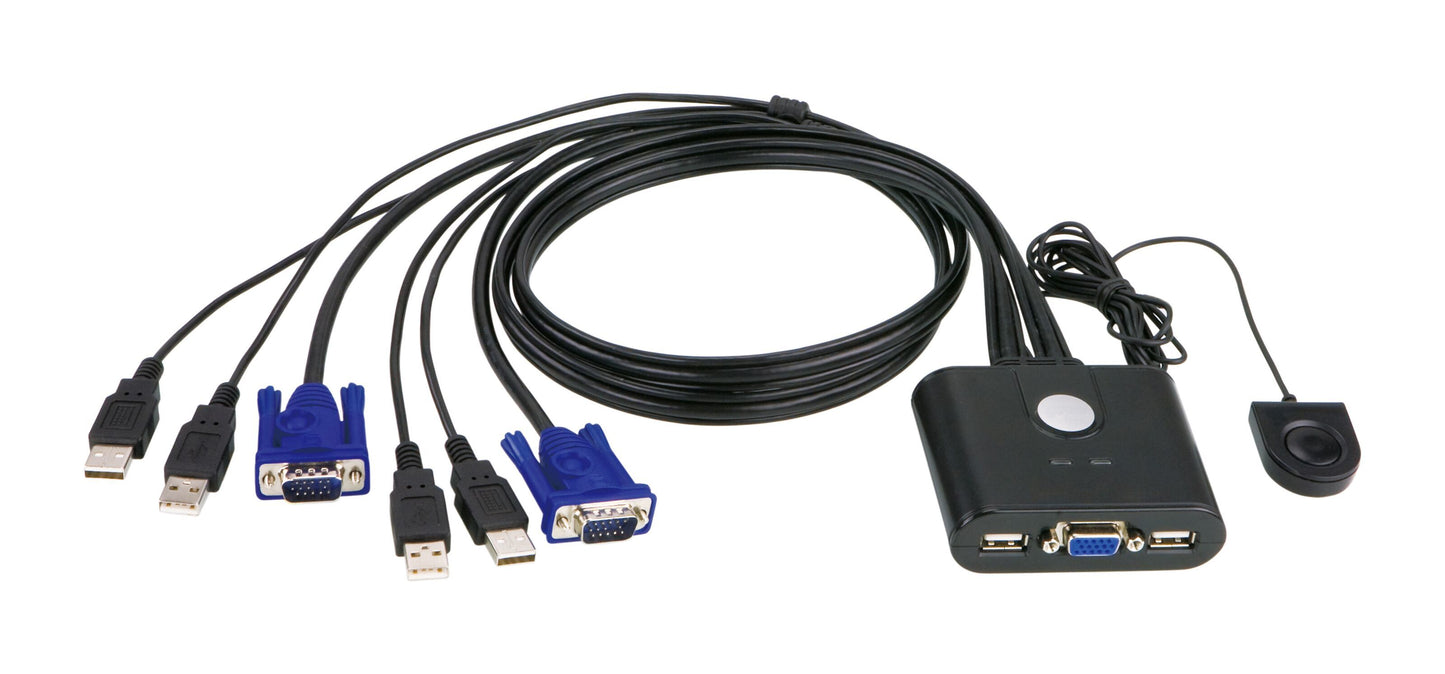 KVM-switch med VGA og USB, flere USB- og VGA-kabler, fjernbetjeningsknap til skift mellem tastatur, mus og skærm.