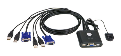 KVM-switch med VGA og USB, flere USB- og VGA-kabler, fjernbetjeningsknap til skift mellem tastatur, mus og skærm.