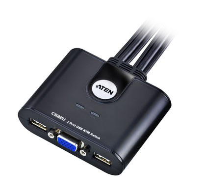 KVM-switch med VGA, to USB-porte, blå VGA-port på fronten og integrerede kabler til computere.