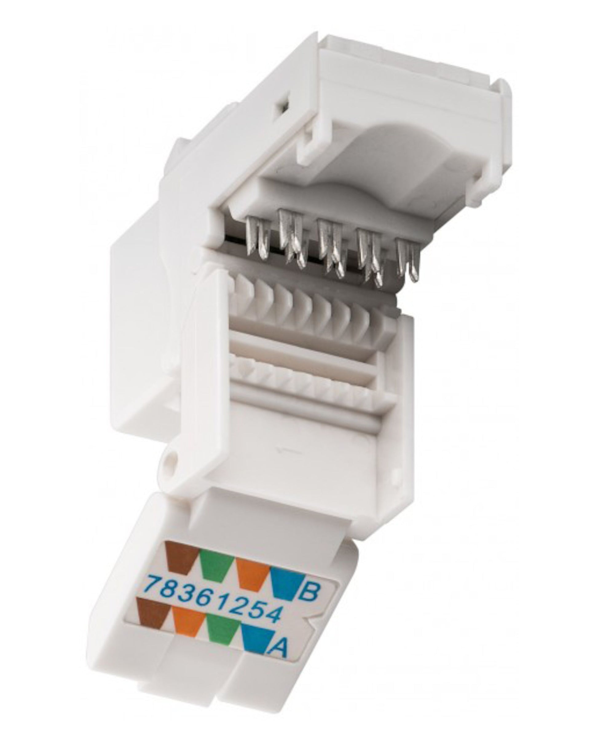 Keystone Cat. 6 UTP værktøjsfri Ethernet RJ-45 jack med metalstik, farvede A/B ledningsmærker, "78361254" på fronten.