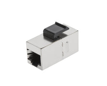 Keystone-panel samlestik Cat. 6 FTP Ethernet coupler i metal med sort plastlås til sammenkobling af netværkskabler.