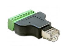 Terminalblok RJ45 han/hun adapter sort/grøn med skrueklemmer i den ene ende og RJ45-stik i den anden til Ethernet-leder.