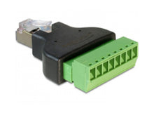 Terminalblok RJ45 han-hun sort/grøn adapter med RJ45-terminal i den ene ende, grøn 8-polet skrueklemme i den anden.