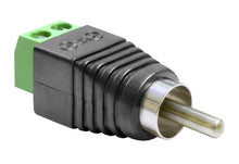Terminalblok RCA Han adapter sort/grøn, metal RCA han stik i den ene ende, skrueforbindelse uden lodning i den anden.