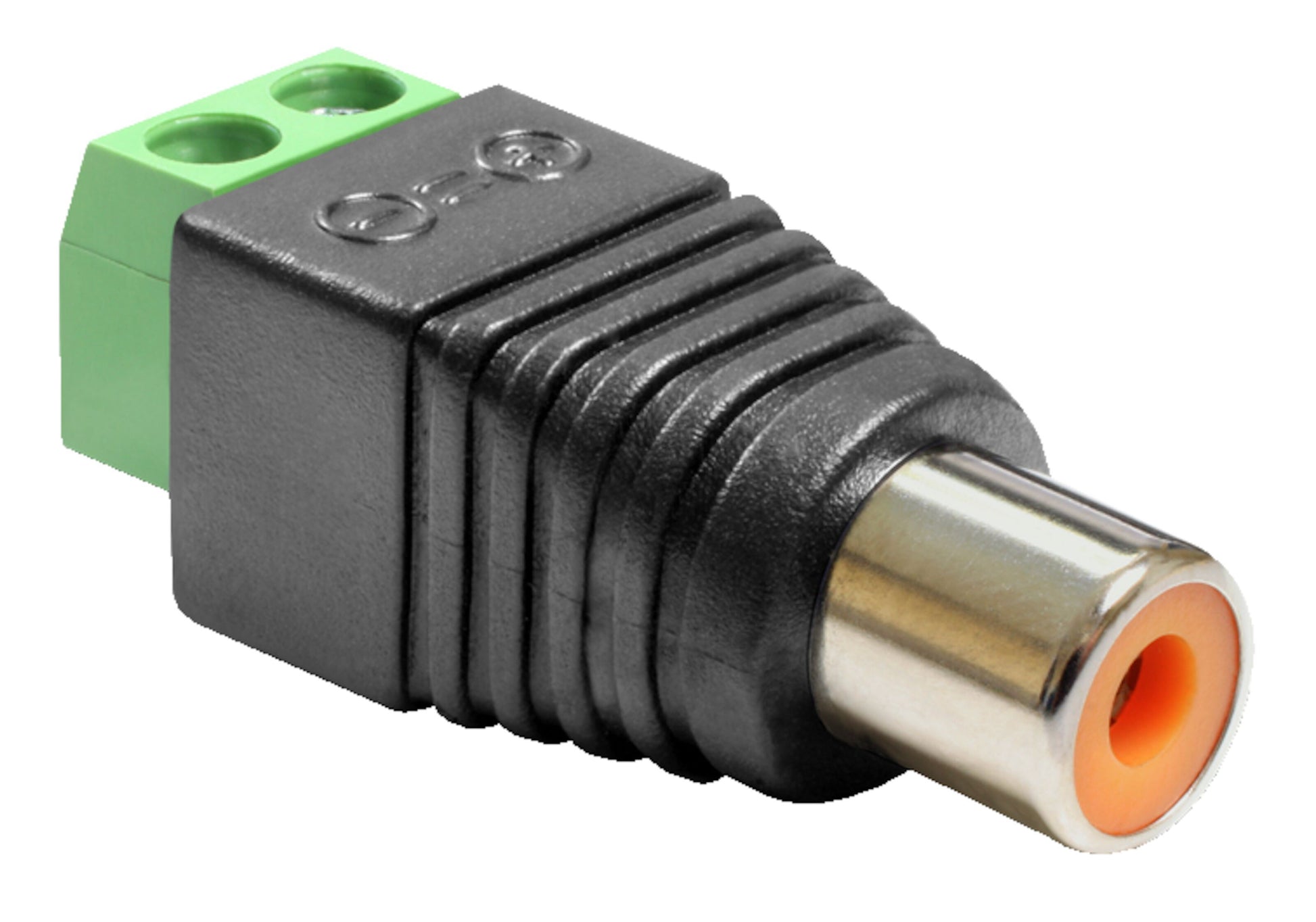 Terminalblok RCA-hun adapter med sort hus, grøn 2-pin terminalblok og sølvfarvet RCA-hun med orange center.