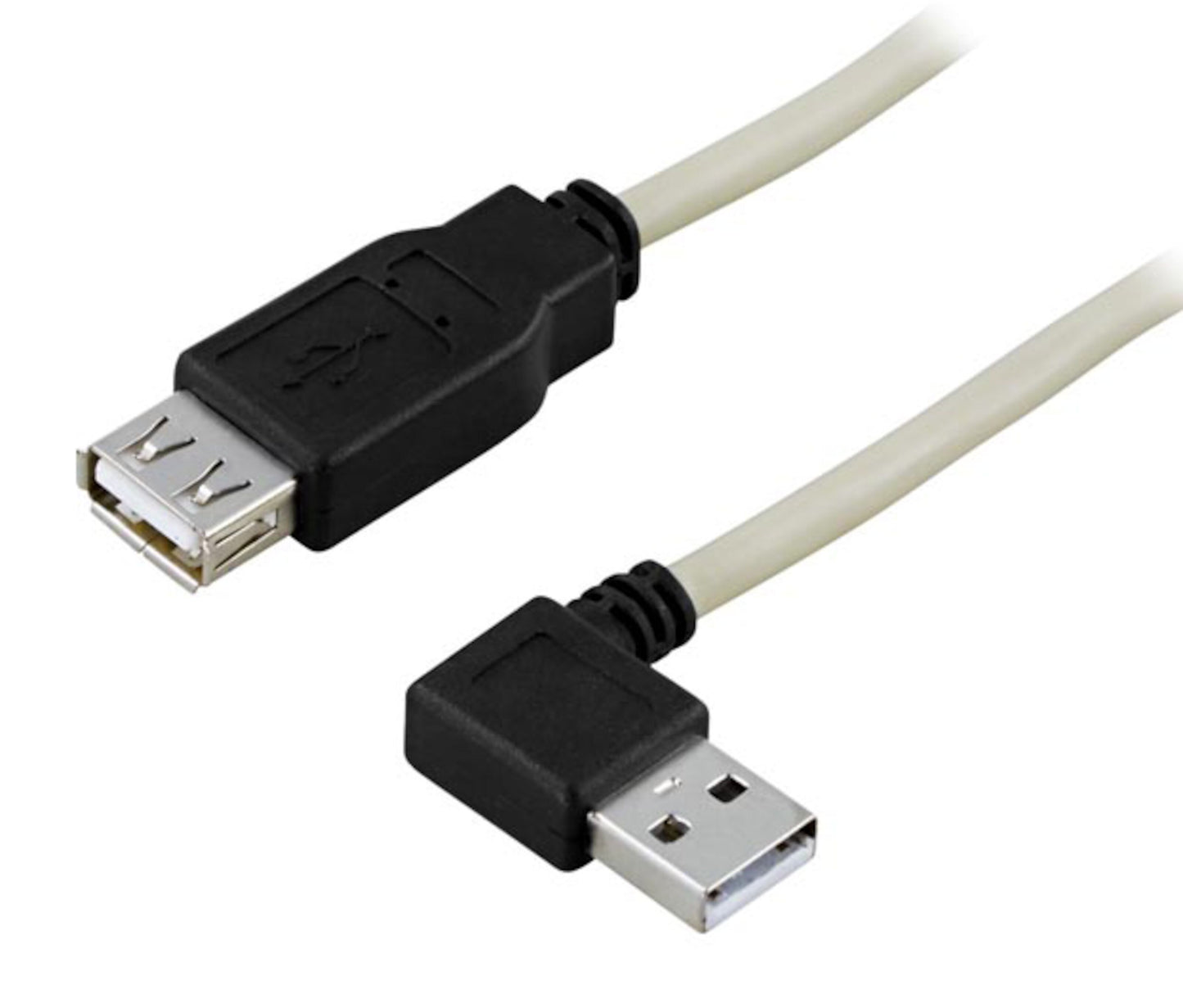 Kort vinklet USB-adapterkabel med USB-A han til USB-A hun, sort stik og beige ledning.