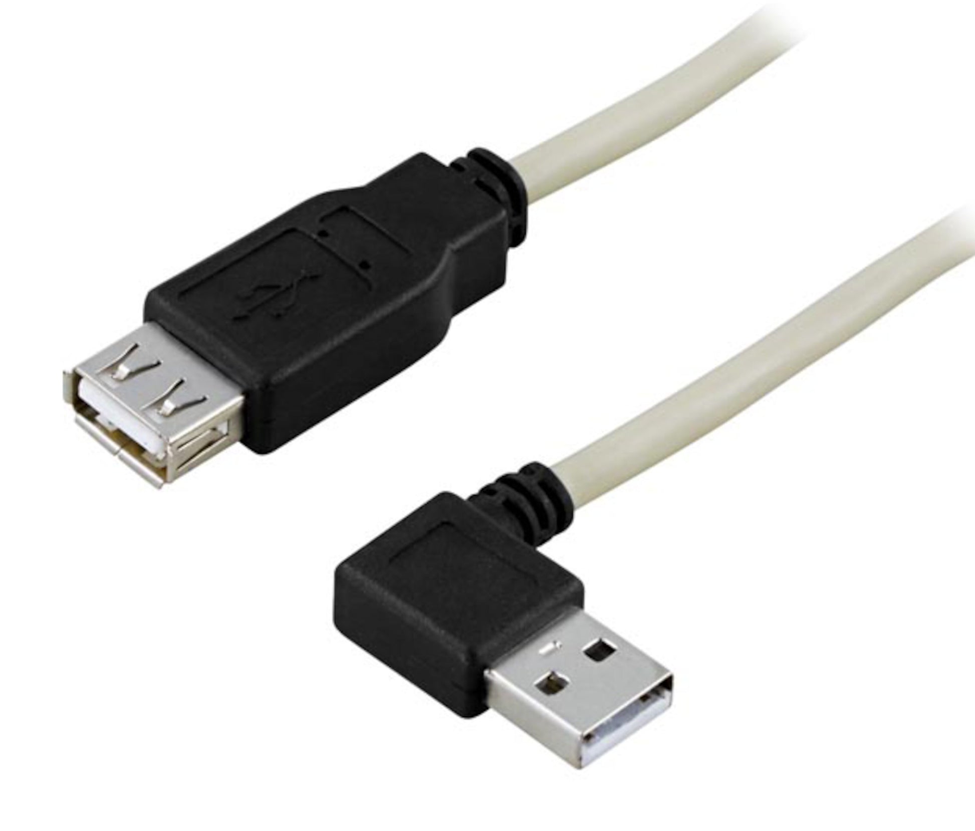 Kort vinklet USB-adapterkabel med USB-A han til USB-A hun, sort stik og beige ledning.