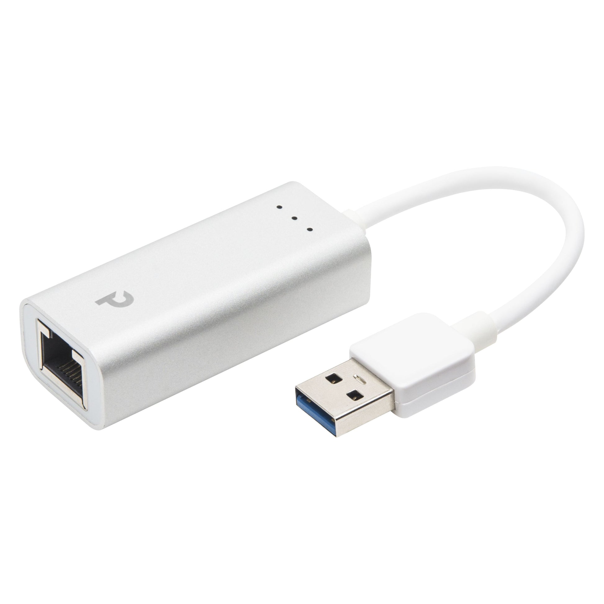 Plexgear Gigabit-netværkskort USB-A 1 Gb/s, sølv, kort hvid kabel, USB 3.0 stik og Ethernet-port.